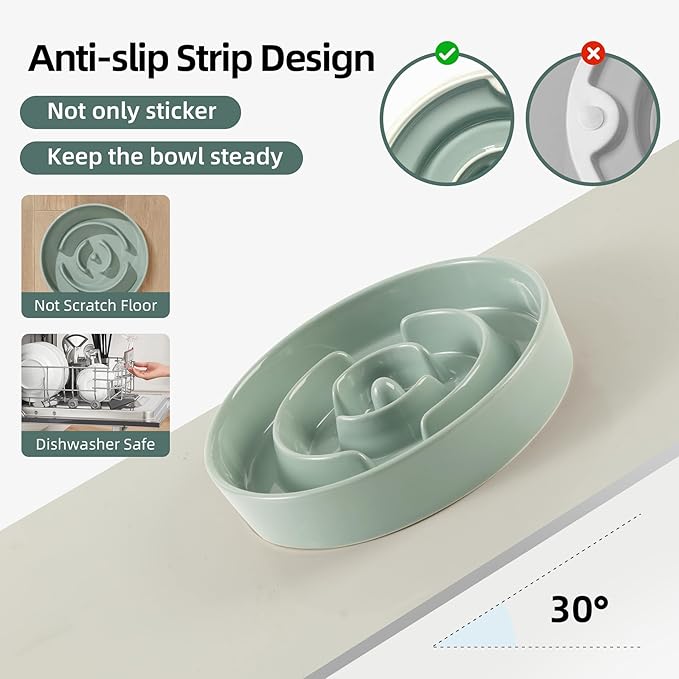 Ceramic 1.6 Cup Raised Slow Feeder Dog Bowl Set, Elevated Wooden Stand