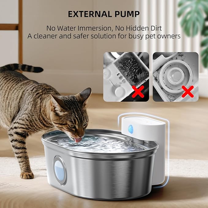 uahpet Wireless Cat Water Fountain Stainless Steel Pro, External Pump Battery