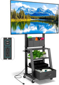 Rolling TV Stand with Power Outlet & 4-Tier Storage for 23"-60" Flat/Curved Screen up to 160lbs LCD/LED/OLED Adjustable Height Mobile TV Cart for Home Office Outdoor Max VESA 400x400mm Black