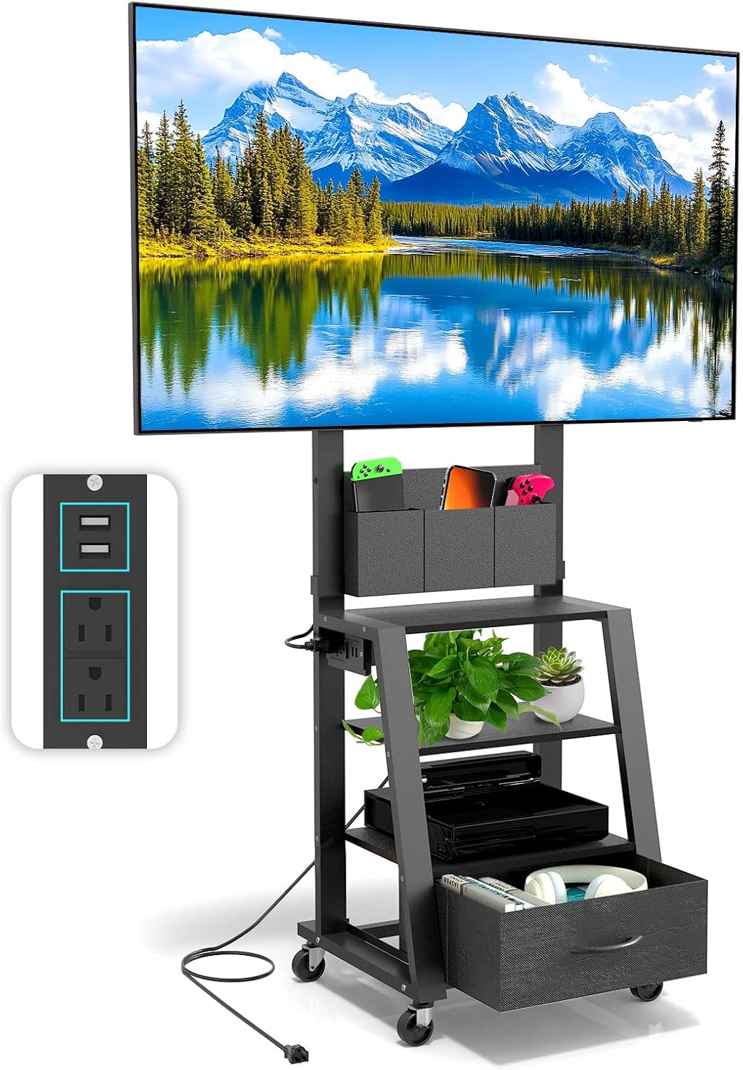 Rolling TV Stand with Power Outlet & 4-Tier Storage for 23"-60" Flat/Curved Screen up to 160lbs LCD/LED/OLED Adjustable Height Mobile TV Cart for Home Office Outdoor Max VESA 400x400mm Black