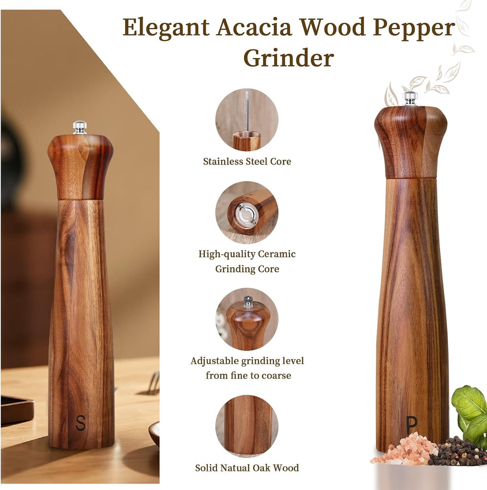 Haomacro 2 Pack 10 Inch Acacia Wooden Salt and Pepper Grinder Set Manual