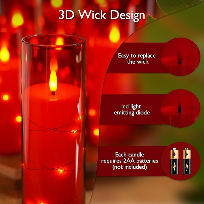 Raycare Flameless Candle with Remote Timer – 9 Flickering Acrylic Battery Operated LED Pillar Candles with Embedded Star String for Halloween, Home Decor, and as a Gift (Red) (9 Pcs)