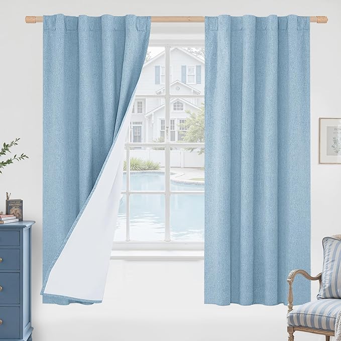 LAMIT Stone Blue 100% Blackout Linen Curtains, 63 Inches Linen Textured Thermal