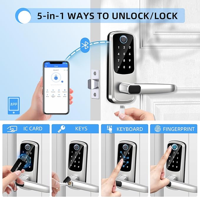 Smart Door Lock with Handle, Keyless Entry Door Locks, 8-in-1 Fingerprint