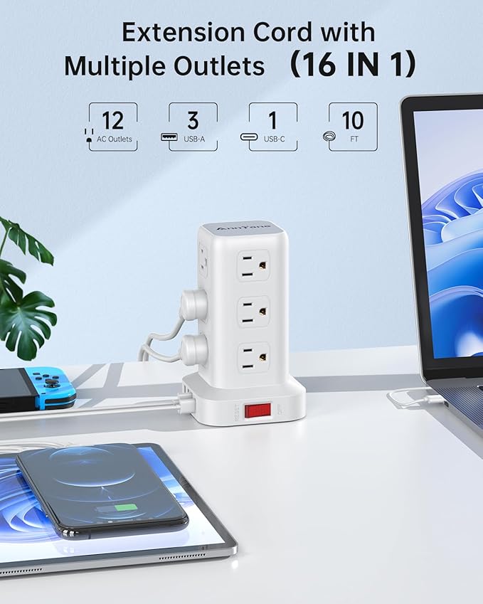 AnnTane Surge Protector Power Strip 10 FT Cord, Power Strip Tower