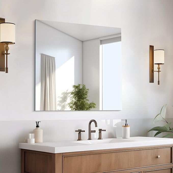 CILIBER 30x30 inch Frameless Bathroom Mirror, Square Frameless Mirrors