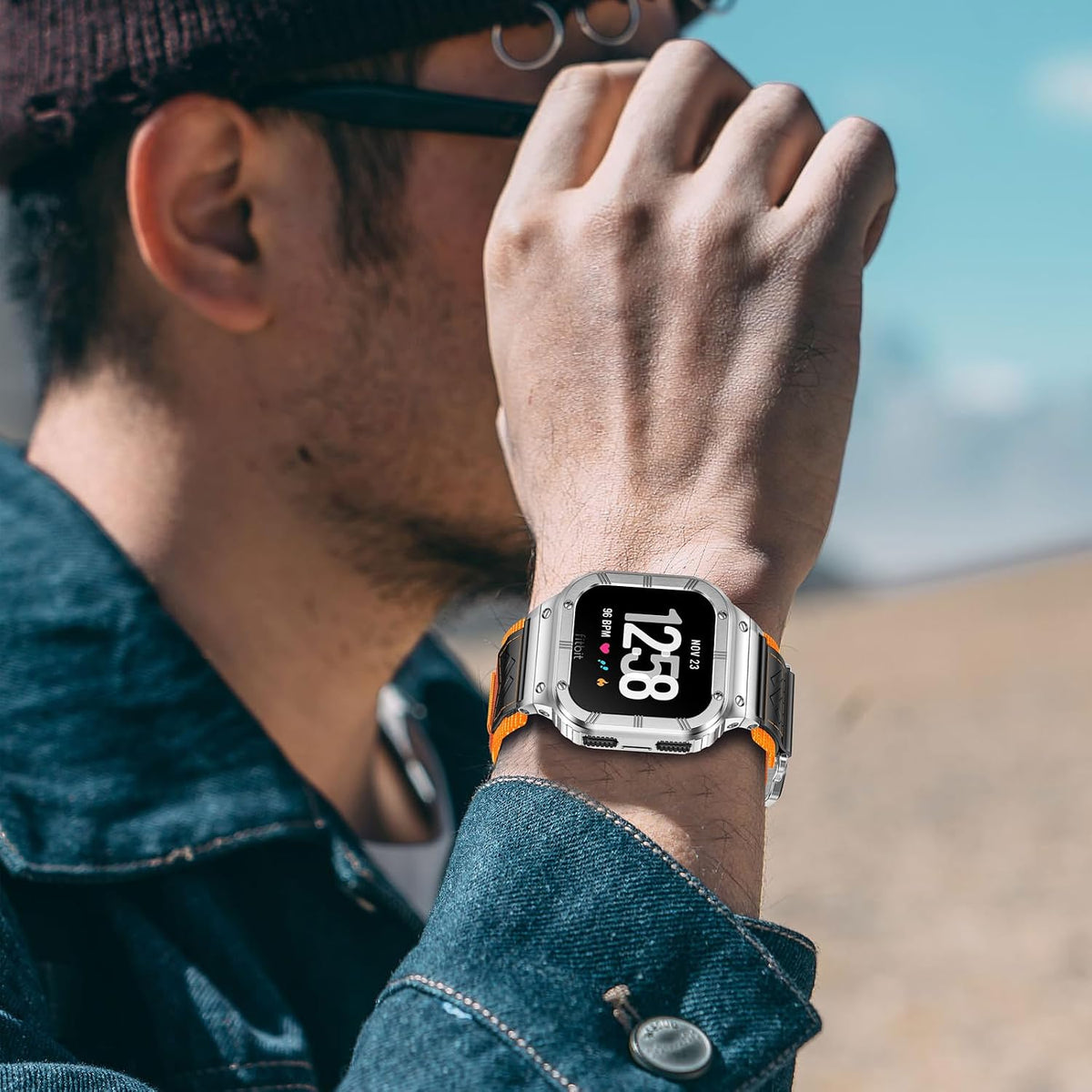 MioHHR Nylon Bands with Stainless Steel Case for Fitbit Versa 4 3 2 1 Lite