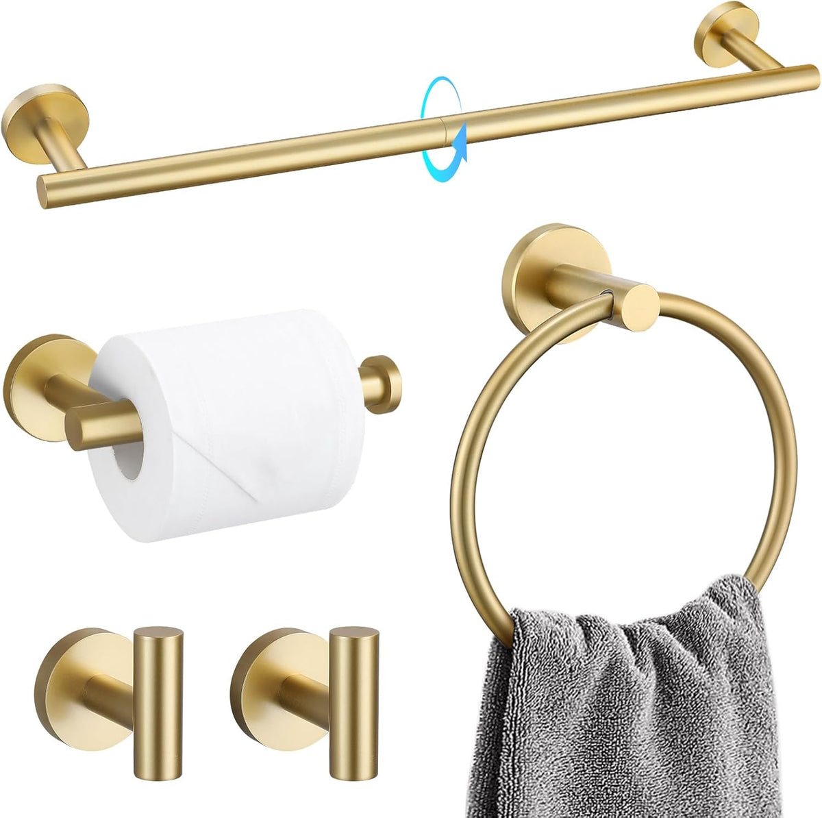 TQKAG 5 Piece Bathroom Accessories Set Brushed Gold Bathroom Hardware Set 23.6 Inch Bath Towel Bar Set SUS304 Stainless Steel Towel Rack Set