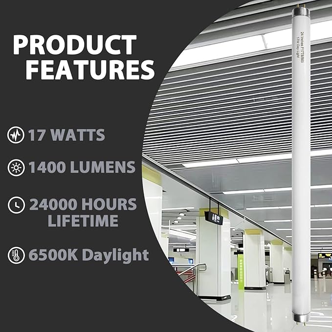 24 Inch F17T8/865 Fluorescent Bulb Daylight 6500K, 17 Watt T8 Light Bulb (8 Pack)