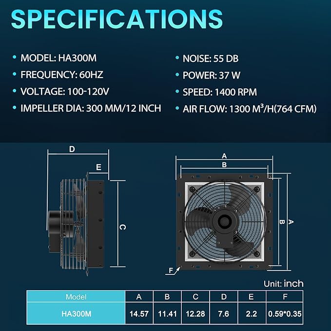HG Power 12 Inch Shutter Exhaust Fan, 764CFM High-Speed, 1400RPM Wall-Mounted