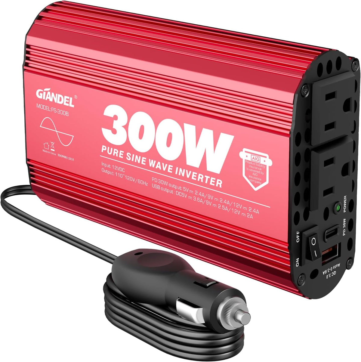 300 Watt Pure Sine Wave Car Power Inverter, PD30W USB-C and QC 3.0 Fast Charger Car Converter Adapter for Smartphones Laptops Tablets Starlink