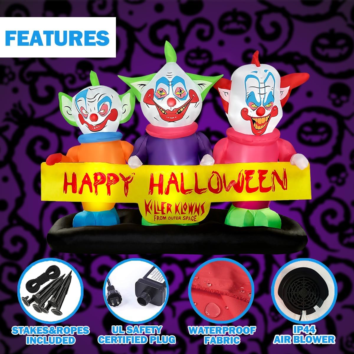 BLOWOUT FUN 6ft Long Halloween Inflatable Three Killer Clowns Decoration