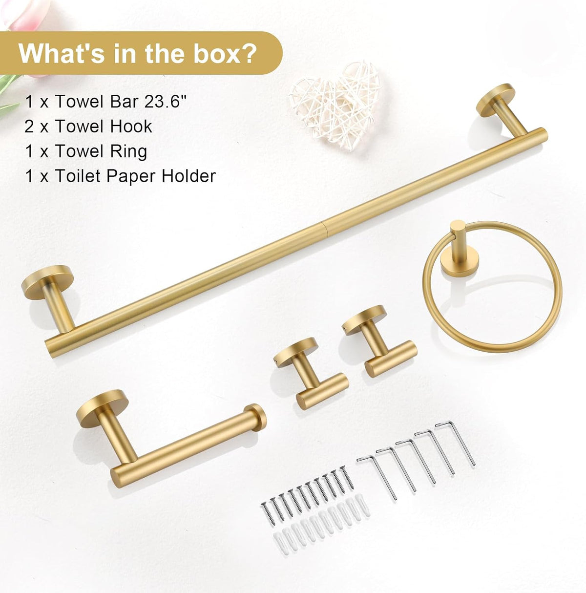 TQKAG 5 Piece Bathroom Accessories Set Brushed Gold Bathroom Hardware Set 23.6 Inch Bath Towel Bar Set SUS304 Stainless Steel Towel Rack Set