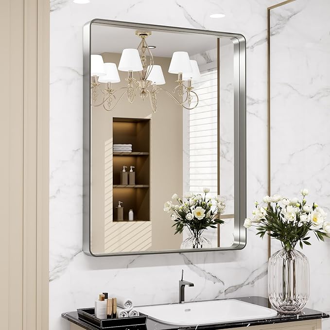 LOAAO 28X36 Inch Brushed Nickel Bathroom Mirror, Rounded Rectangle Silver Metal