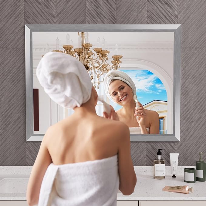 Amorho 48X36 Inch Bathroom Mirror Silver, Thick Metal Framed Wall Mirrors