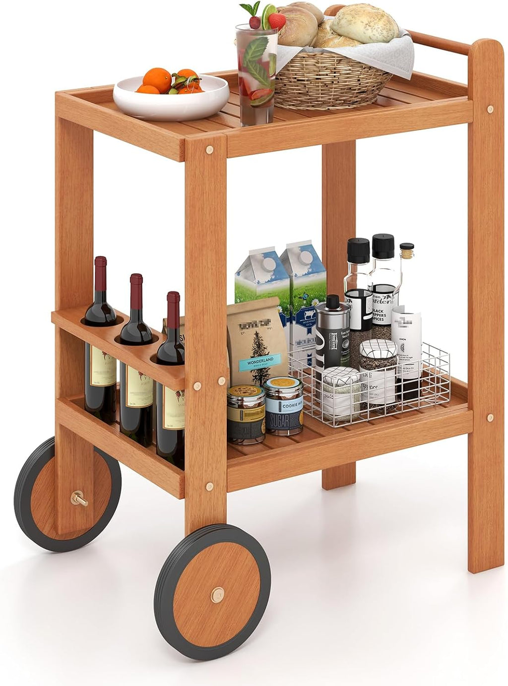 Tangkula 2-Tier Rolling Bar Cart with Rubber Wheels, Natural