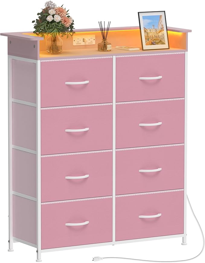 Pink Dresser for Bedroom with Charing Station Dressers with LED Lights Tall