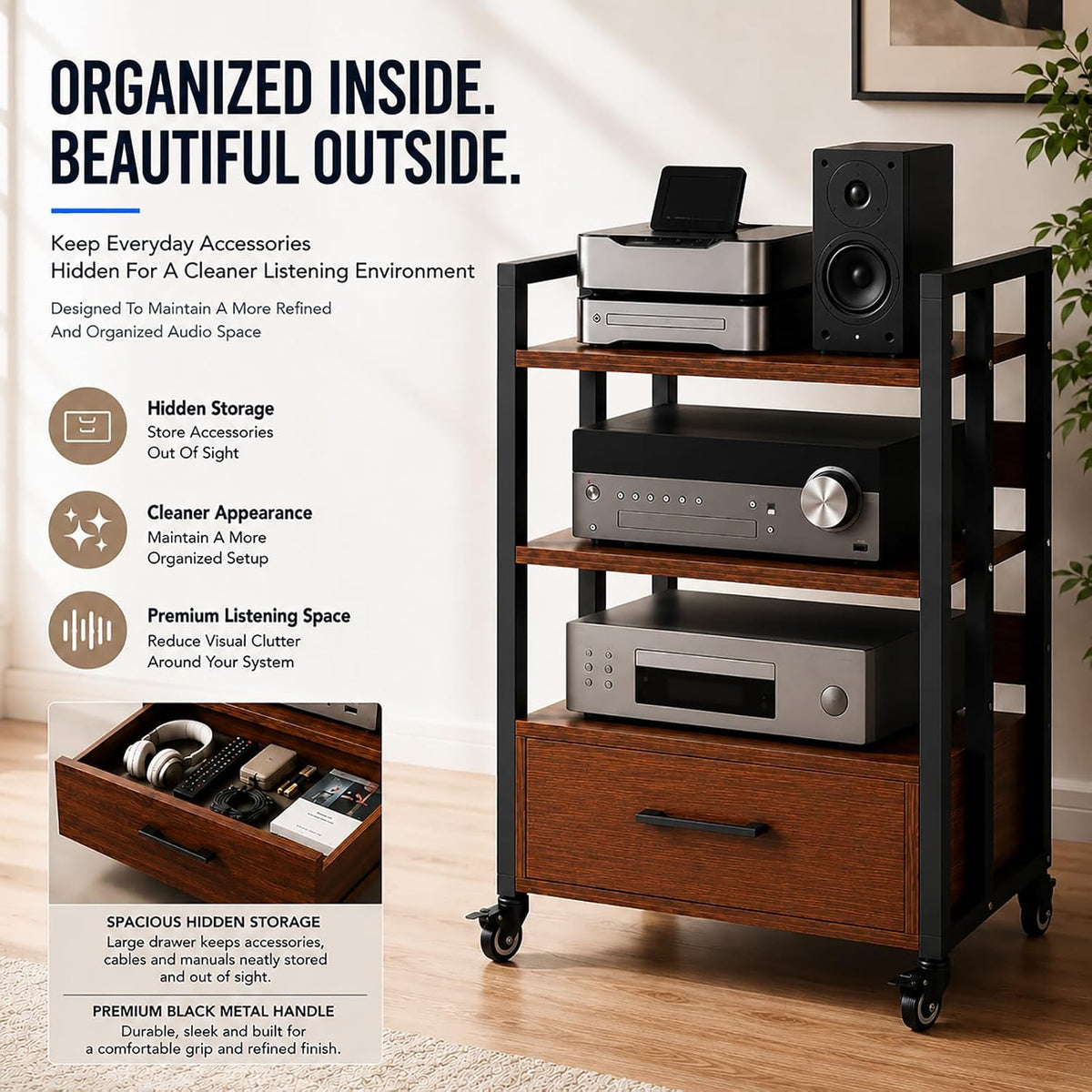 3-Tier Audio Rack with Wheels, AV Media Stand