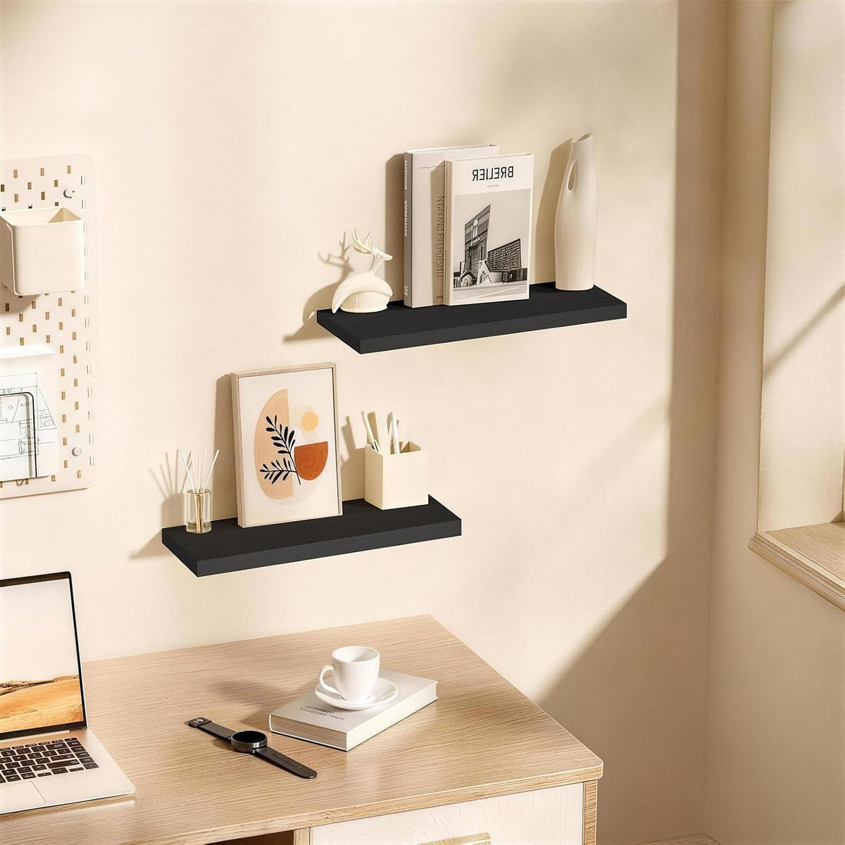 BAYKA Black Floating Shelves 22.5in, Set of 2, Wall Mounted for Wall Decor