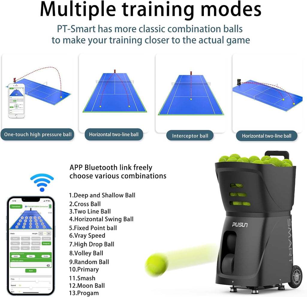 PT-SAMRT-Professional Tennis Ball Machine with App Control - 100+ Ball Capacity - 12 Training Modes - 4-6 Hours Battery Life