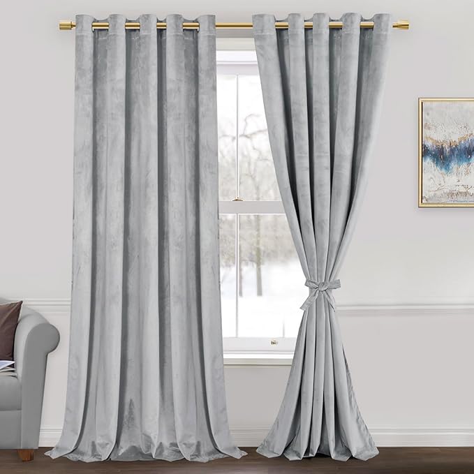 JIUZHEN Silver Grey Velvet Curtains 90 inches (Set of 2)