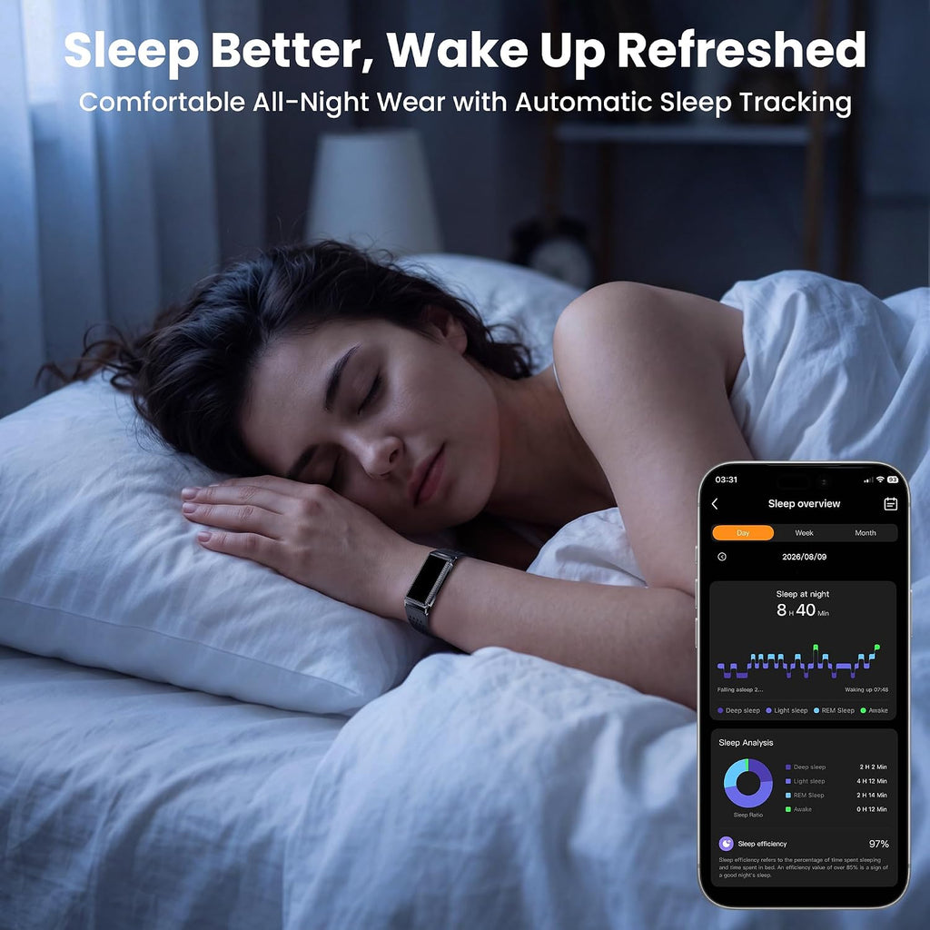 fitness tracker with heart rate & sleep tracking showing dimensions