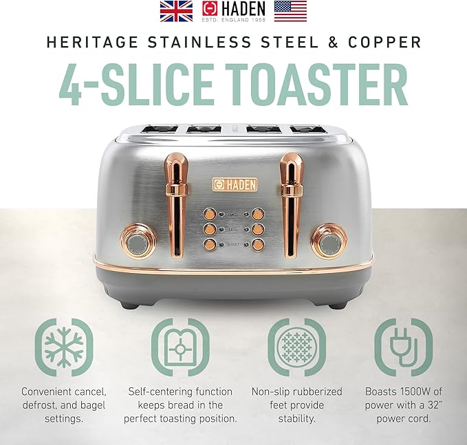 Haden Heritage 4 Slice Wide Slot Stainless Steel Toaster