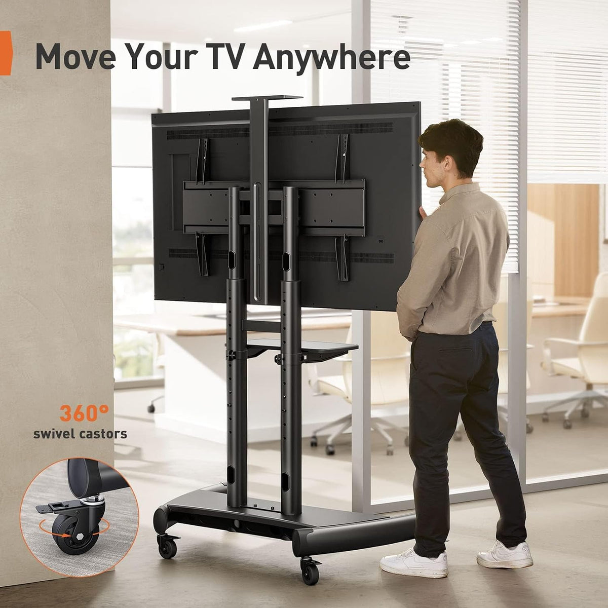 perlegear rolling tv stand, portable tv stand on showing dimensions