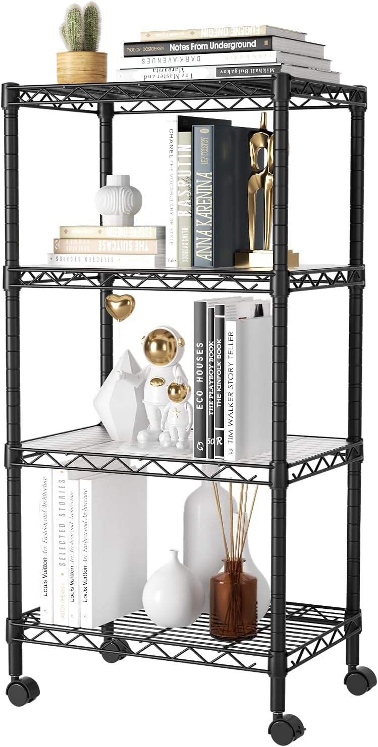 SINGAYE 4 Shelves Storage Shelf Wire Shelving Unit Metal Adjustable Wheels