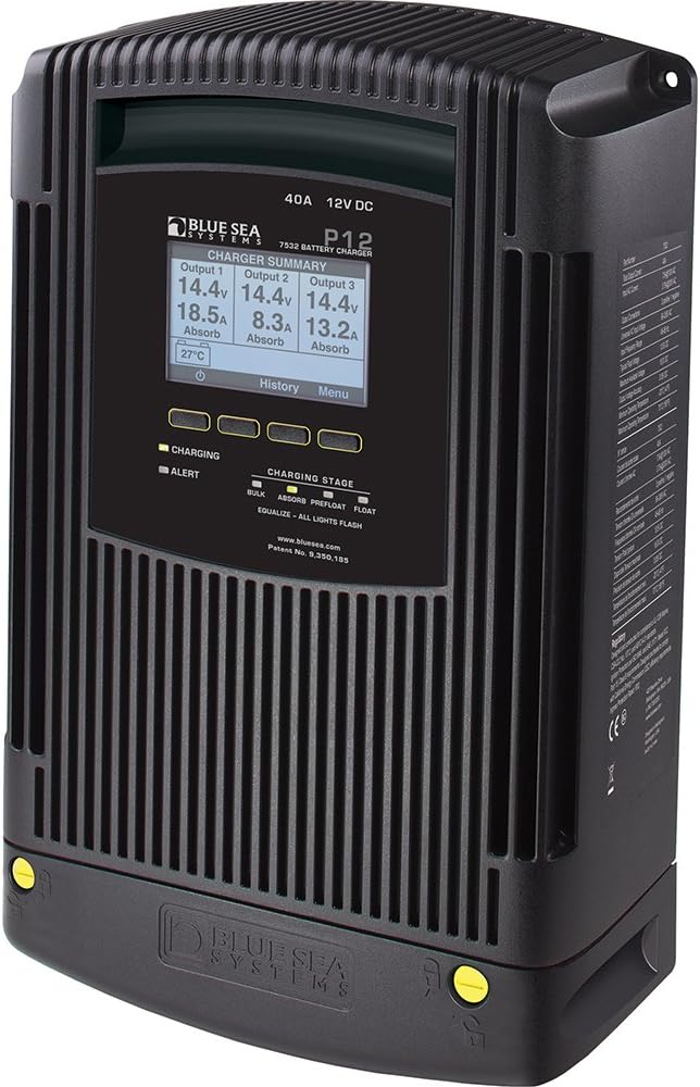 Blue Sea Systems P12 Battery Charger, 12V DC 40A, 3-Bank Smart Marine Battery Charger with 4-Stage Charging, PreFloat Technology, AGM/Gel/Flooded/TPPL Compatible