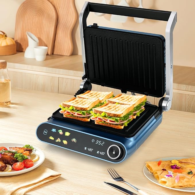 7-In-1 Sandwich Maker with LED Touch Panel & No-Stick Plates, Electric Panini