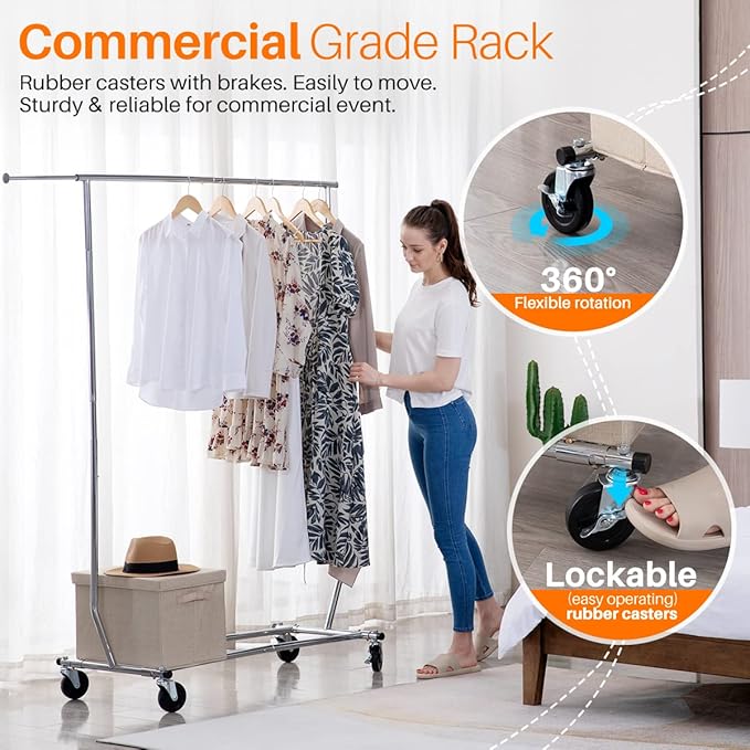 HOKEEPER Clothes Rack with Lockable Wheels Height Adjustable Clothing Rack