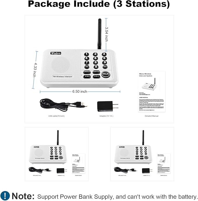 Wuloo Intercoms Wireless for Home 5280 Feet Range 10 Channel 3 Code, Wireless (3 Packs)