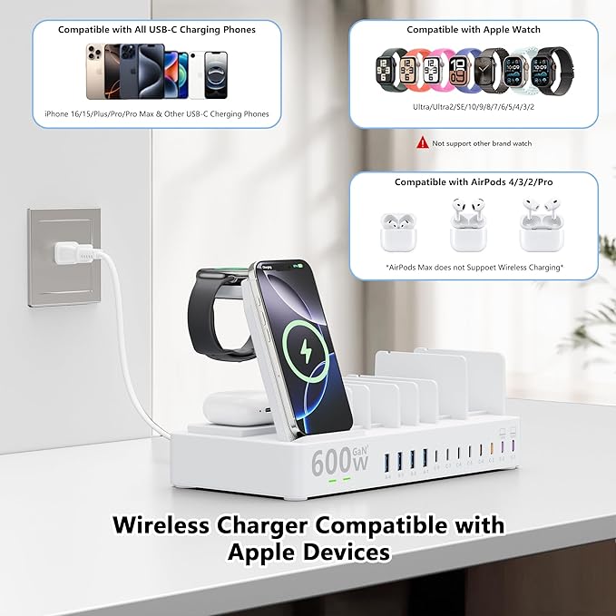 600w Charging Station for Multiple Devices, 15 in 1 Wireless Charger