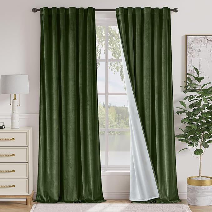 Lazzzy Velvet Green Extra Long Curtains 108 Inches Long Black Out Thermal