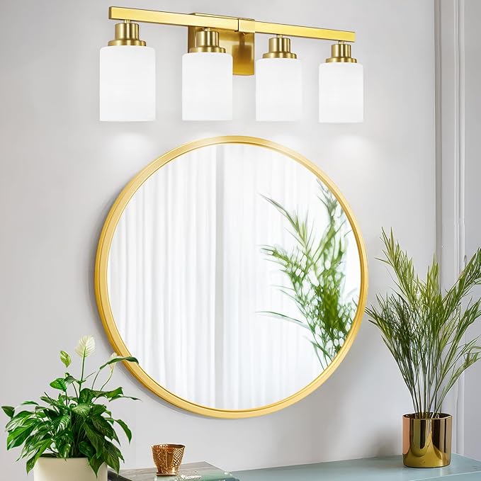 DIKAIDA 4-Light Gold Vanity Light, Modern Gold Bathroom Light Fixtures Over