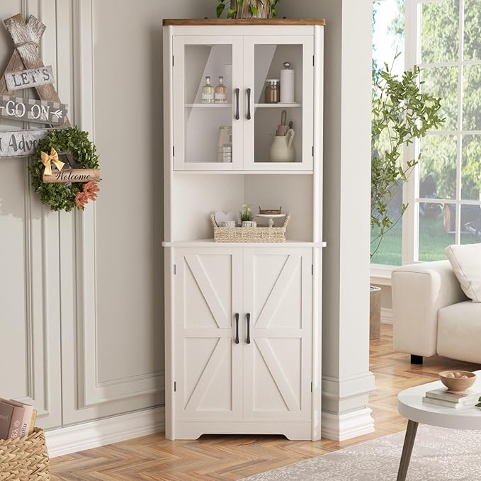 67''H Tall Corner Cabinet with 4 Tempered Glass Doors and Barn Doors, Farmhouse
