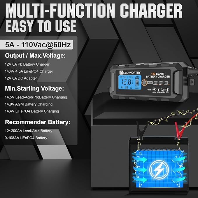 ECO-WORTHY 12V 5A Automatic Smart Battery Charger and Maintainer LCD Display