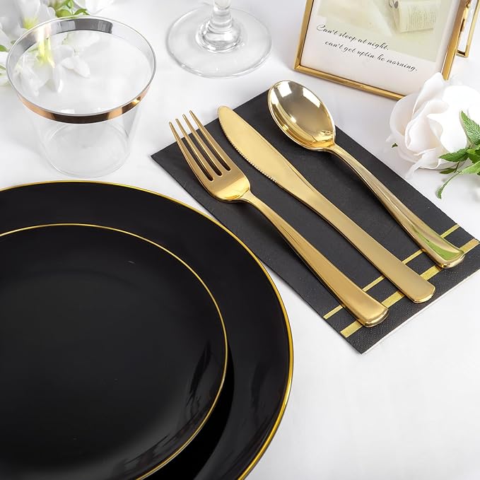 NOCCUR 350PCS Black and Gold Plastic Plates - Black Disposable Dinnerware Set for 50 Guests, 100 Dinner/Dessert Plates, 150 Gold Silverware, 50 Cups&50 Napkins for Party/Birthday/Halloween/NewYear