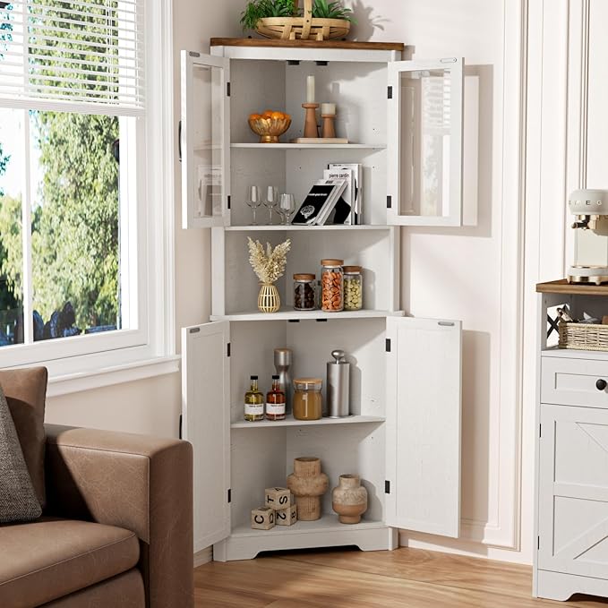 67''H Tall Corner Cabinet with 4 Tempered Glass Doors and Barn Doors, Farmhouse