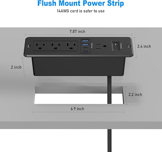 65W USB C Recessed Power Strip, Flush Mount Desktop Recessed Outlet