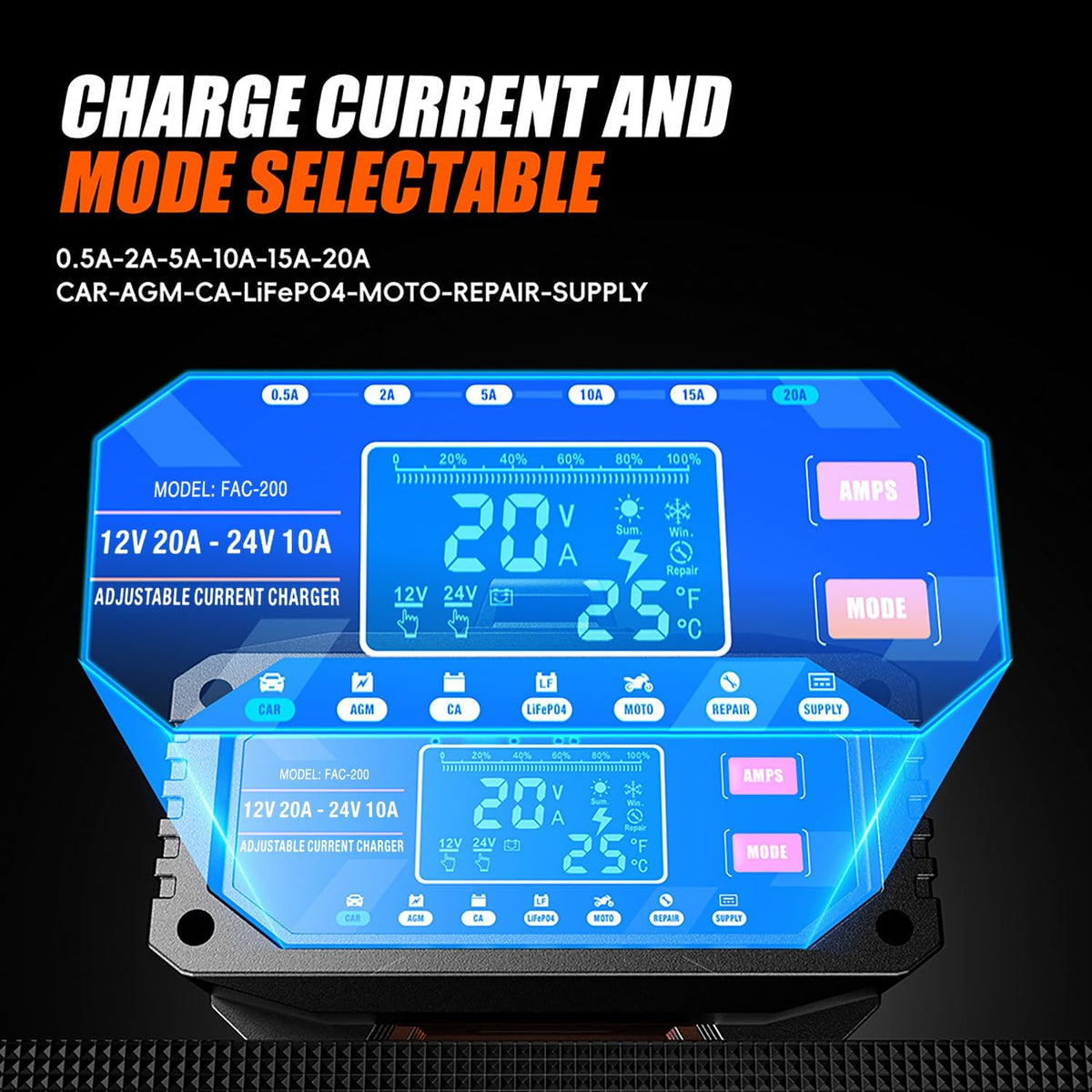 upgraded battery charger 0-20a 12v/24v adjustable current battery showing dimensions