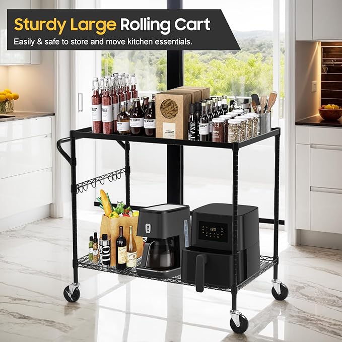 WDT 2-Tier Utility Cart with Wheels, Metal Cart with 1000LBS Capacity, NSF