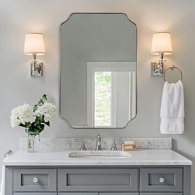 ANDY STAR 26x38 Inch Mirror for Bathroom, Brushed Nickel Scalloped Rectangle