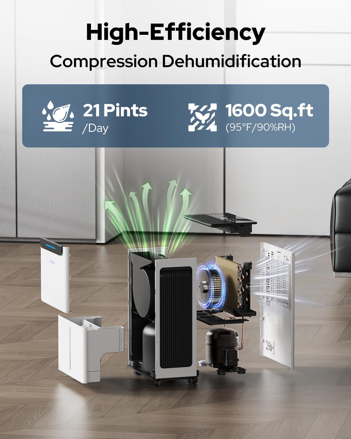 1600 Sq.Ft Compressor Dehumidifier for Basement, Max 21 Pint/Day