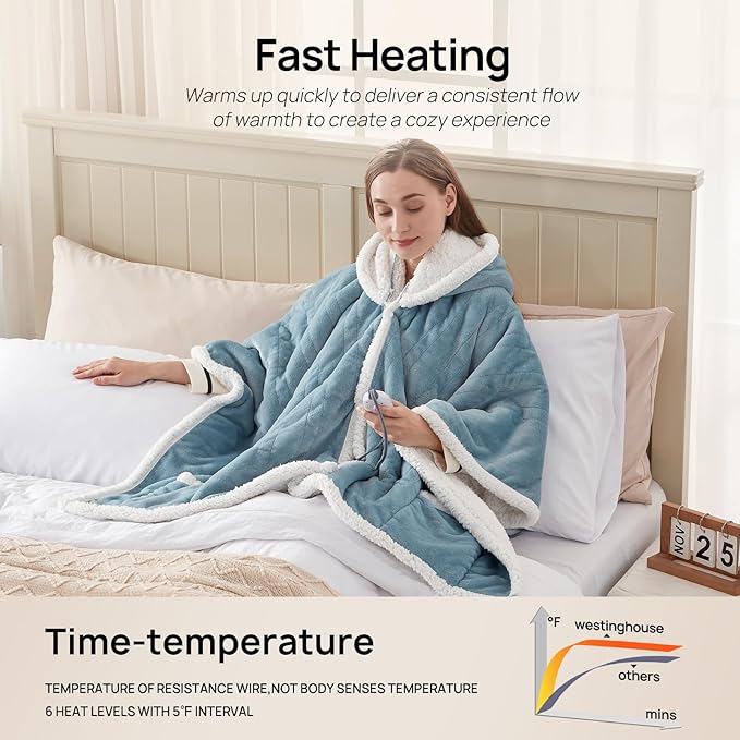 Westinghouse Wearable Heated Throw Blanket, Electric Heated Wrap Poncho Shawl