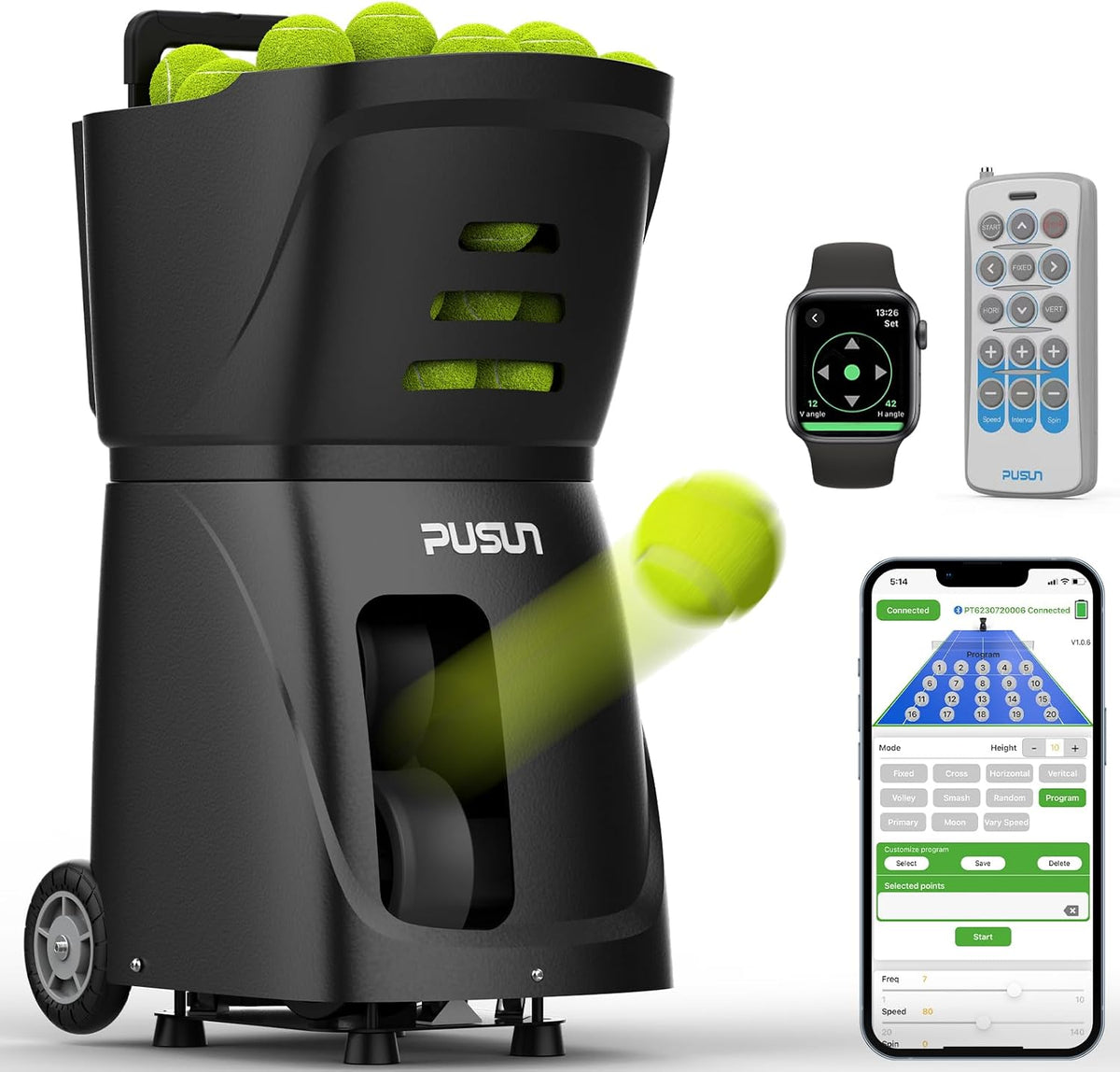 PT-SAMRT-Professional Tennis Ball Machine with App Control - 100+ Ball Capacity - 12 Training Modes - 4-6 Hours Battery Life