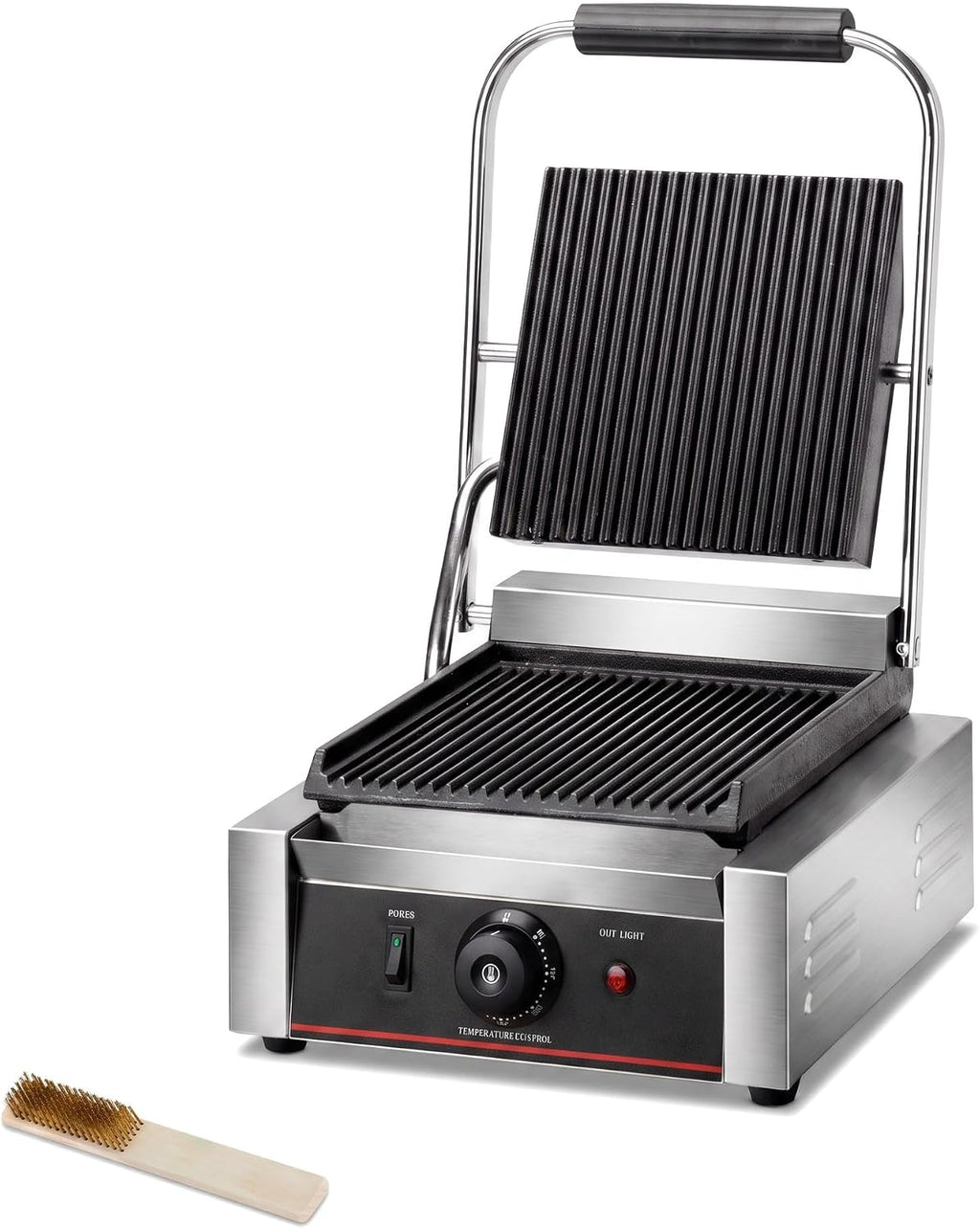 commercial panini press with grooved grill sandwich maker, side view