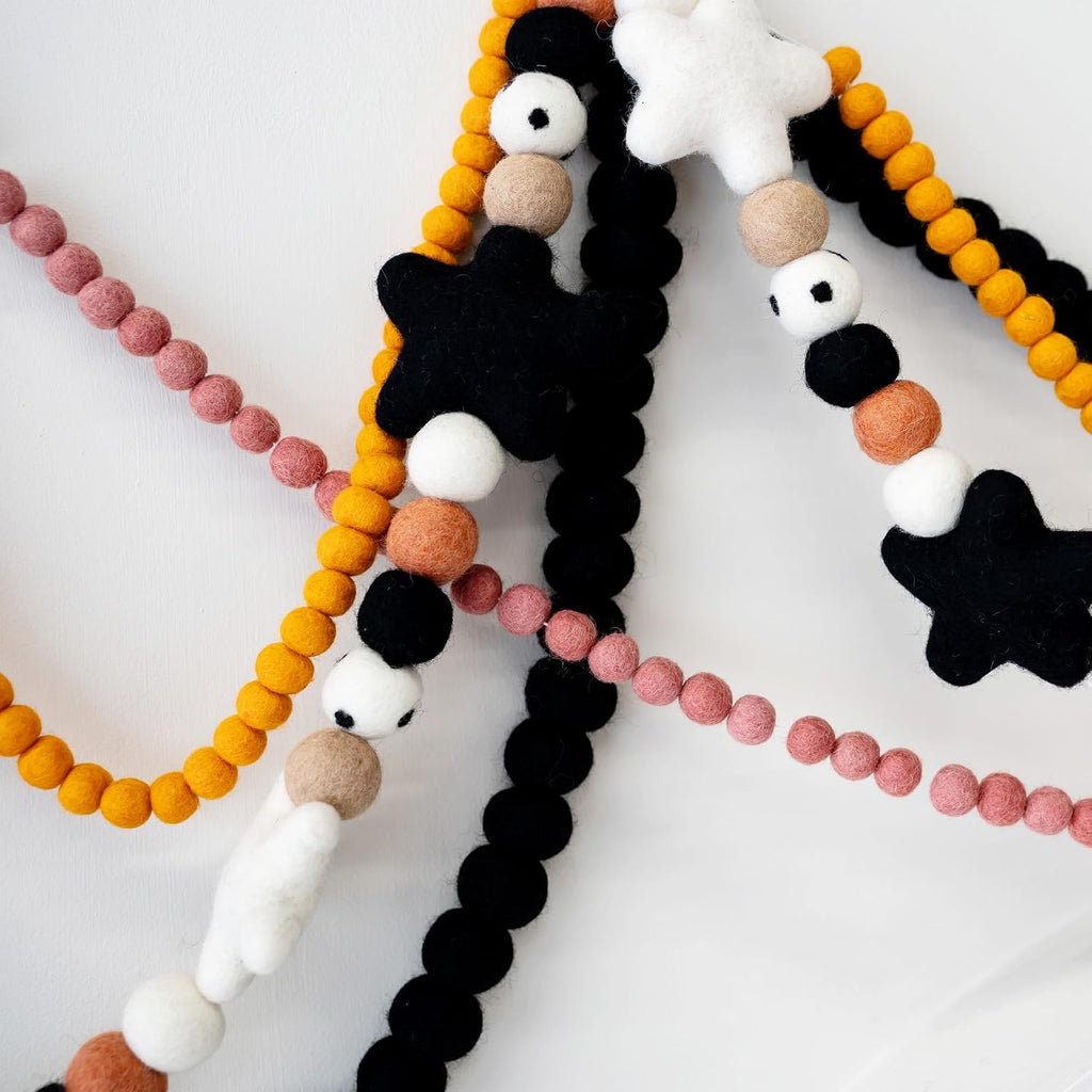 Black Felt Ball Garland, Wool Pom Pom Garland for Halloween Christmas Decor