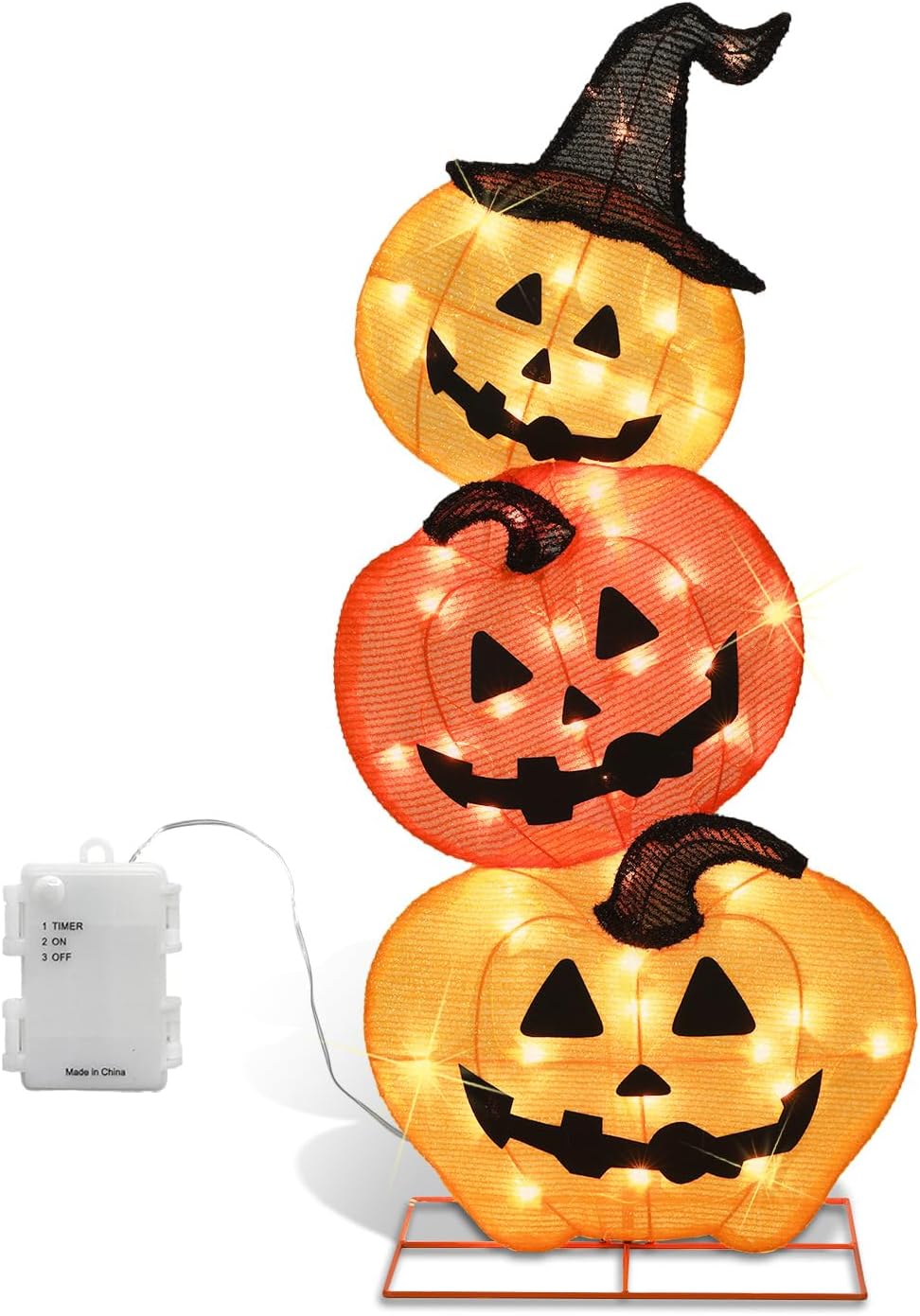 Halloween Lighted 3 Stacked Pumpkins, 39’’ H Pre-Lit Lighted Pumpkins with 50 Warm White Lights, Light Up Halloween Pumpkin Decoration for Indoor, Outdoor, Porch, Yard, Holiday Decor